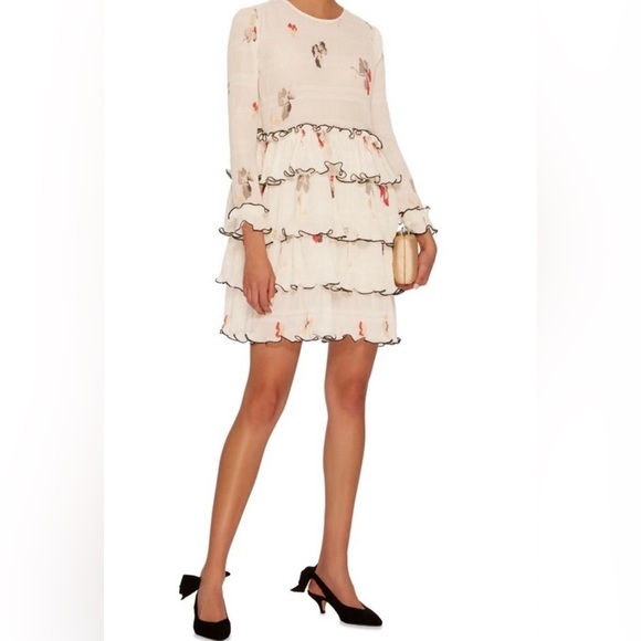 Ganni Dresses & Skirts - Ganni Lowell Pleated Floral-print Crepe Mini Dress In White Ruffled  Sz38
